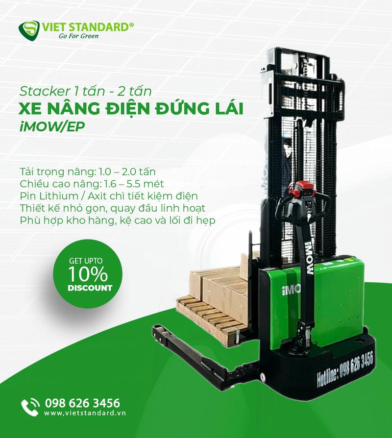Xe nâng điện stacker tạo lợi thế rõ ở kho có mật độ lưu trữ cao