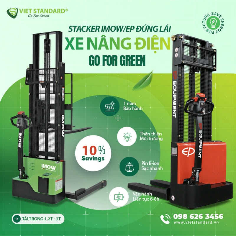 Xe nâng điện stacker có khả năng nâng hàng lên kệ cao hơn, thường từ 1.6m