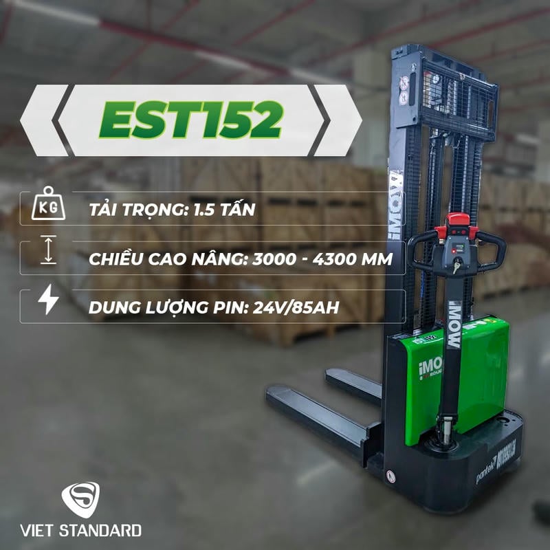 Xe nâng điện stacker là dòng xe nâng đứng lái hoặc đi bộ điều khiển, dùng