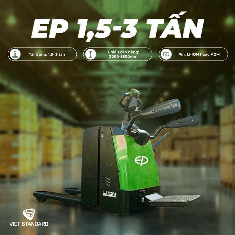 Xe nâng tay điện 1.5 tấn là dòng Pallet Truck dùng motor điện hỗ trợ di